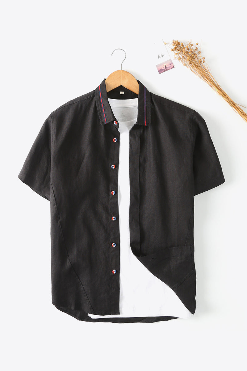 "Classic and Breathable: Buttoned Collared Neck Short Sleeve Linen Shirts by Burkesgarb"
