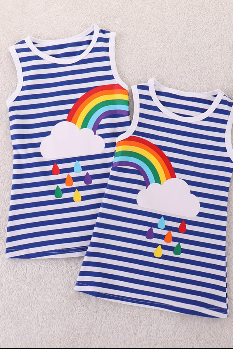 Vibrant and Playful: Girls Rainbow Design Striped Sleeveless Dress at Burkesgarb