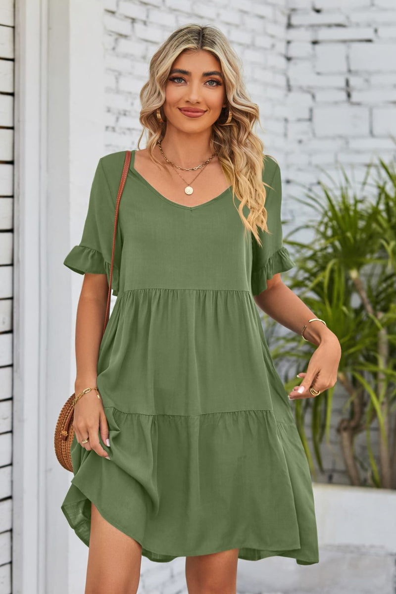 Flirty and Feminine: V-Neck Flounce Sleeve Tiered Dress at Burkesgarb