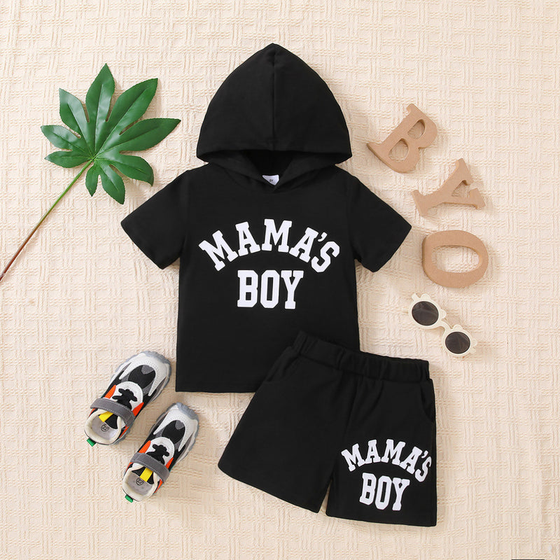 "Cute and Stylish Kids MAMA'S BOY Graphic Short Sleeve Hoodie and Shorts Set | Burkesgarb"