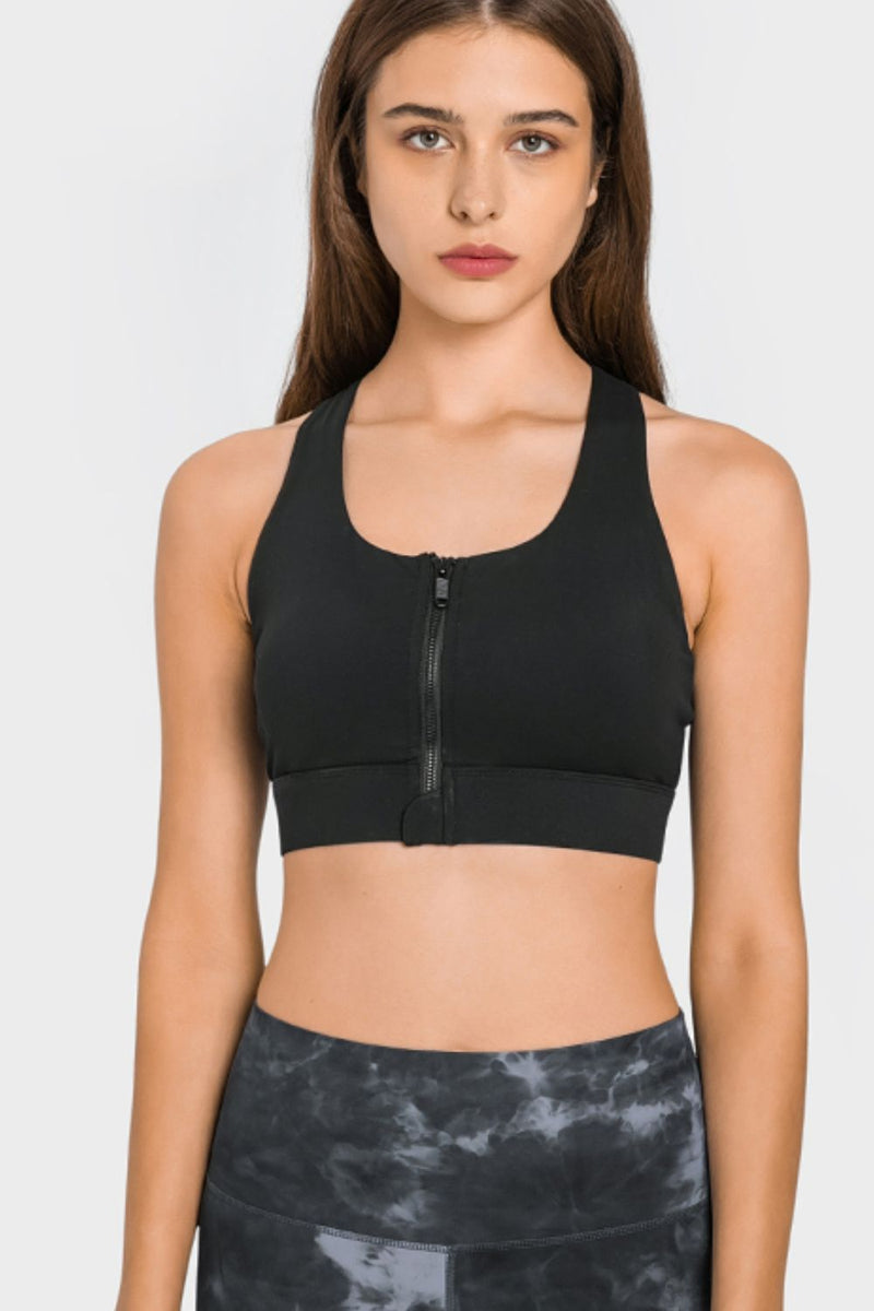 Experience Ultimate Support and Style with the Zip Up Racerback Sports Bra at Burkesgarb