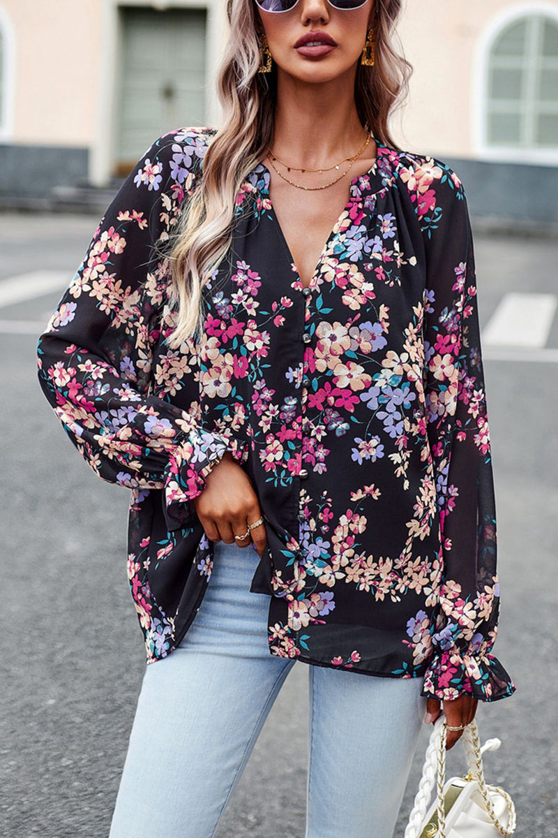 Floral Design Flounce Sleeve Blouse at Burkesgarb