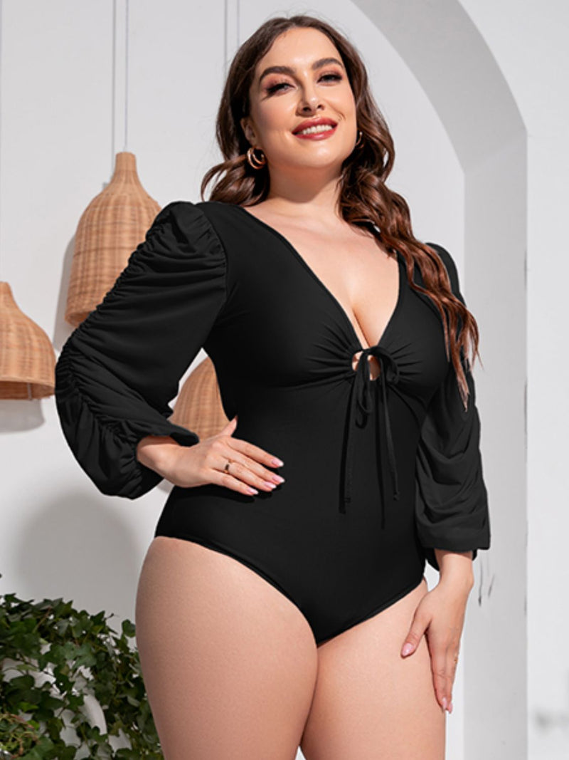 Flattering and Chic: Plus Size Tied Deep V Balloon Sleeve One-Piece Swimsuit | Burkesgarb