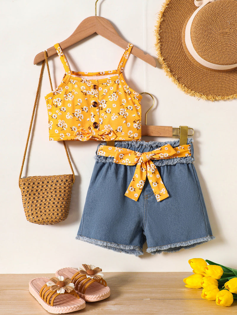 "Cute and Stylish: Girls Floral Cami and Belted Denim Shorts Set by Burkesgarb | Perfect Summer Outfit for Little Fashionistas"