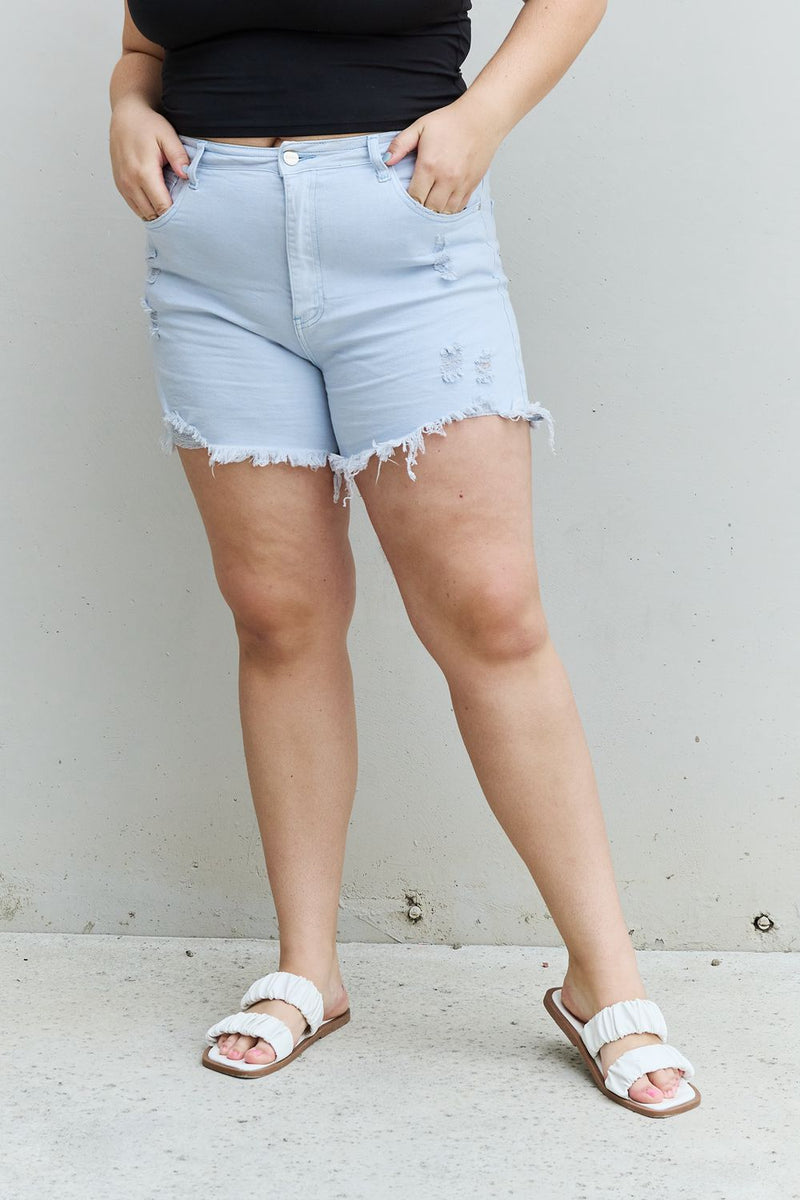 Shop RISEN Katie Full Size High Waisted Distressed Shorts in Ice Blue | Burkesgarb