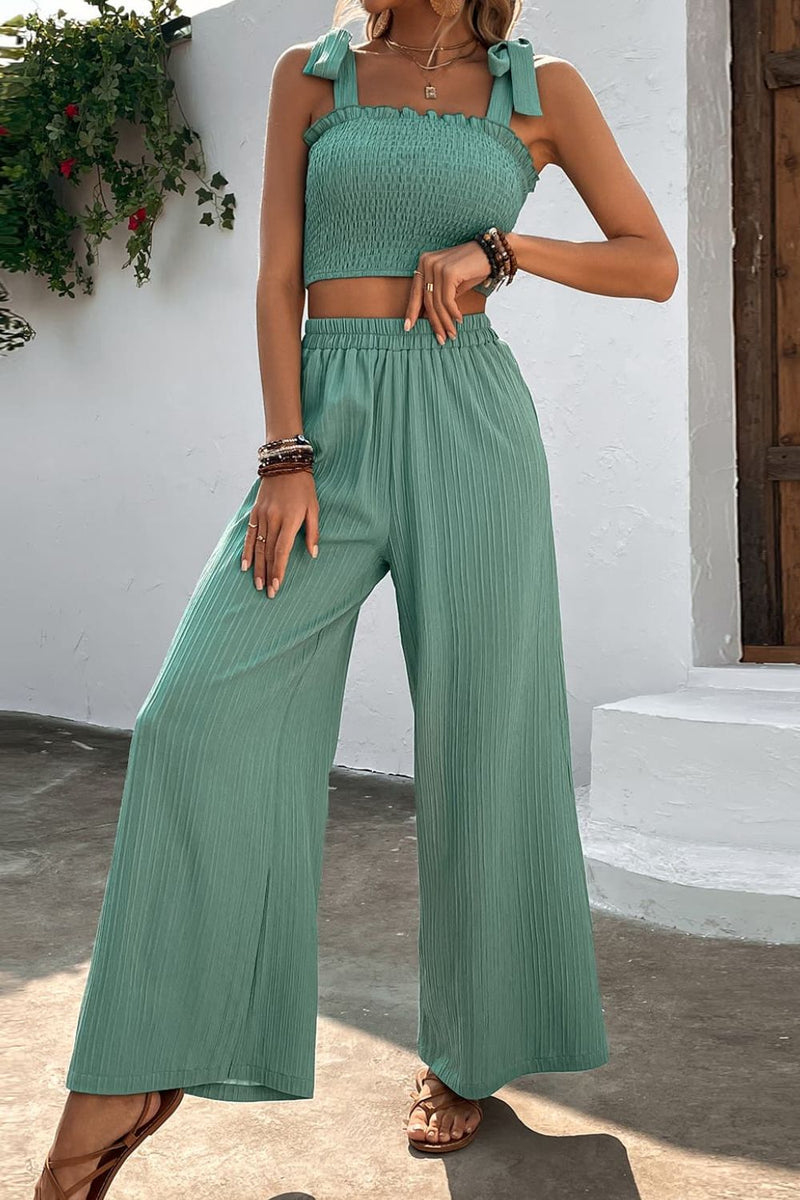 Elevate Your Style with the Tie Shoulder Crop Top and Wide Leg Pants Set from Burkesgarb