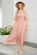 Elegance and Grace: V-Neck Flounce Sleeve Smocked Waist High Slit Dress at Burkesgarb