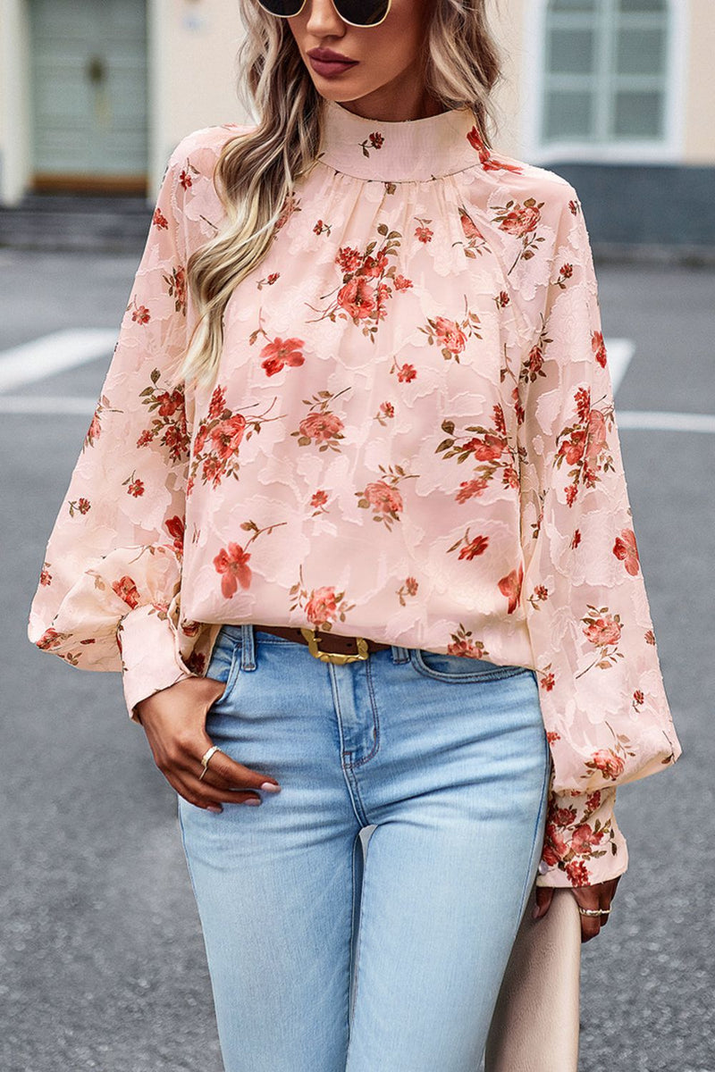 Charming and Chic: Floral Design Lantern Sleeve Blouse at Burkesgarb