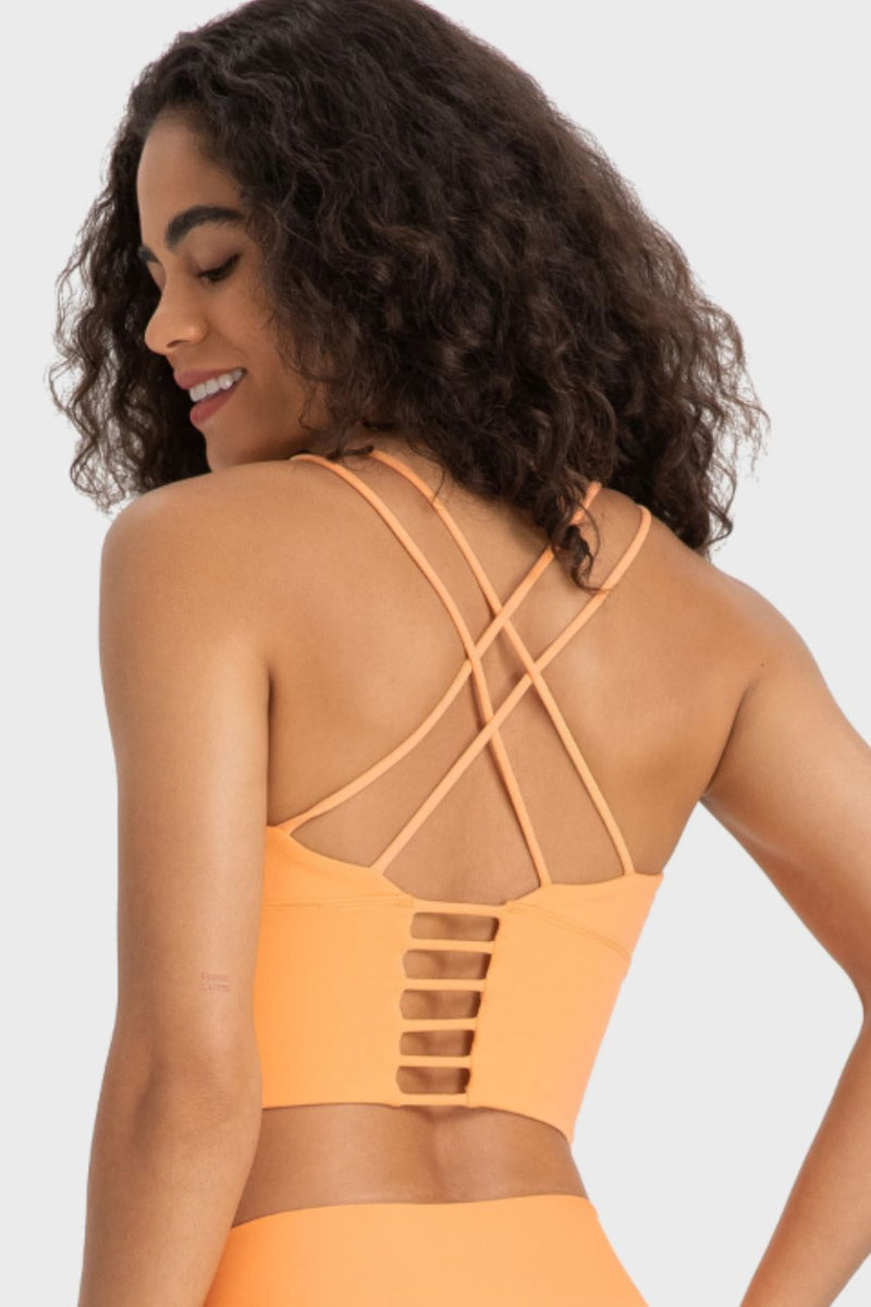 Stylish Support: Crisscross Back Ladder Detail Sports Bra at Burkesgarb