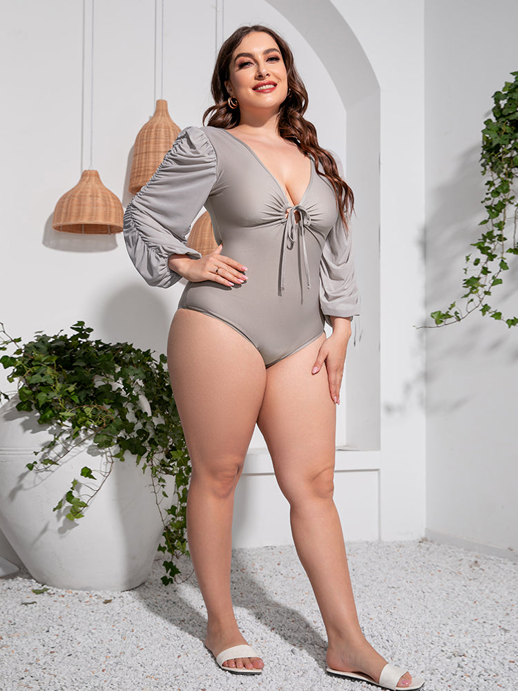 Flattering and Chic: Plus Size Tied Deep V Balloon Sleeve One-Piece Swimsuit | Burkesgarb
