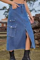 Fashionably Chic: Slit Front Denim Skirt with Pockets at Burkesgarb