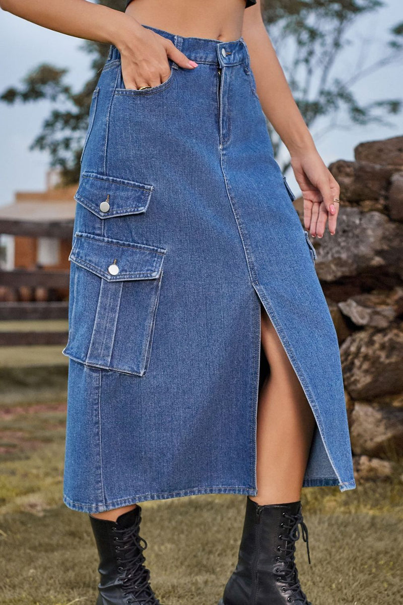 Fashionably Chic: Slit Front Denim Skirt with Pockets at Burkesgarb