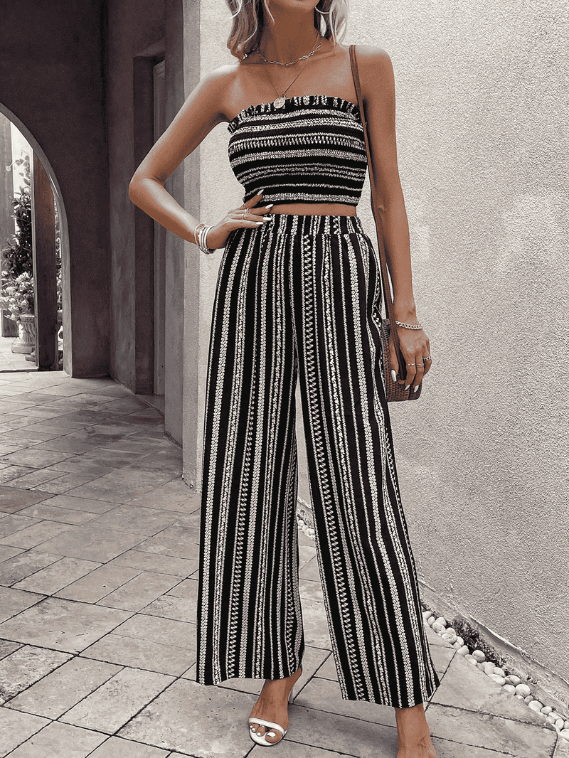 Effortlessly Stylish: Raw Hem Straight Neck Cropped Top and Long Pants Set at Burkesgarb