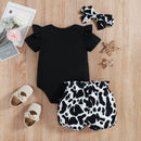 "Adorable and Trendy: Ruffled Bodysuit and Cow Print Shorts Set for Girls by Burkesgarb | Stylish and Comfortable for Little Fashionistas"