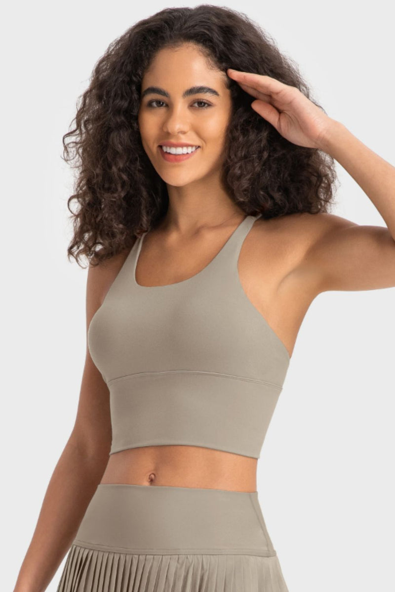 Stylish Support: Crisscross Back Ladder Detail Sports Bra at Burkesgarb