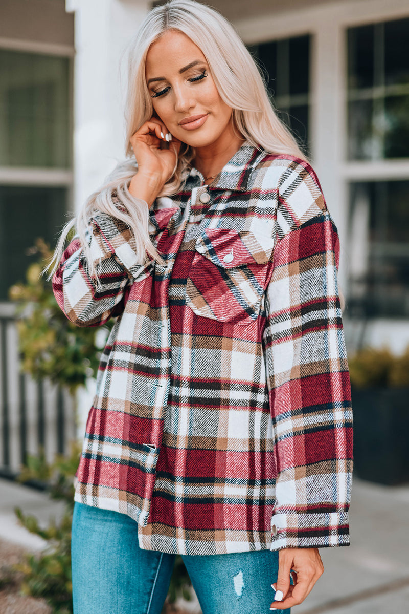 Double Take Plaid Button Front Shirt Jacket at Burkesgarb - Embrace Cozy and Chic Style