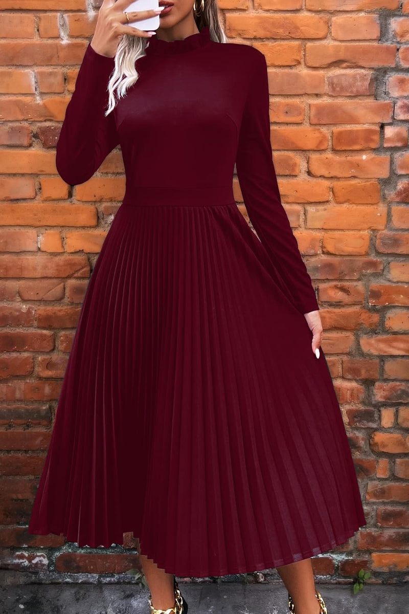 Embrace Elegance with the Ruffle Collar Pleated Long Sleeve Dress at Burkesgarb