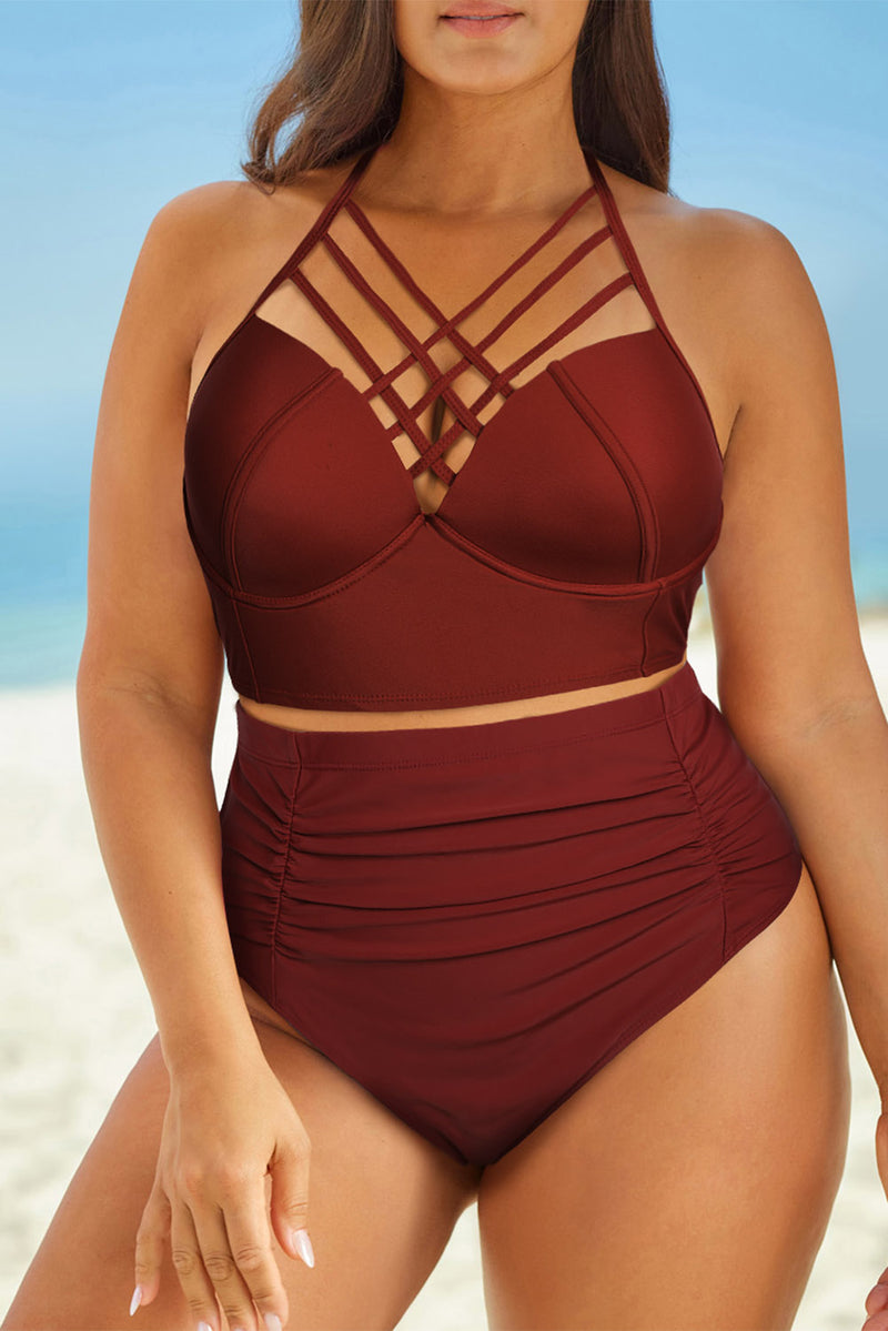 "Flattering and Trendy: Crisscross Ruched Two-Piece Swimsuit by Burkesgarb | Stylish and Comfortable Swimwear for Women"