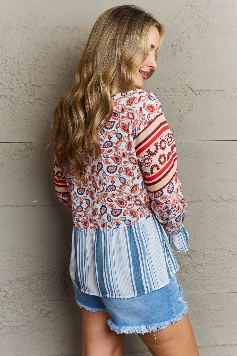 Effortlessly Chic: Floral Striped Flounce Sleeve Blouse at Burkesgarb - Shop Now