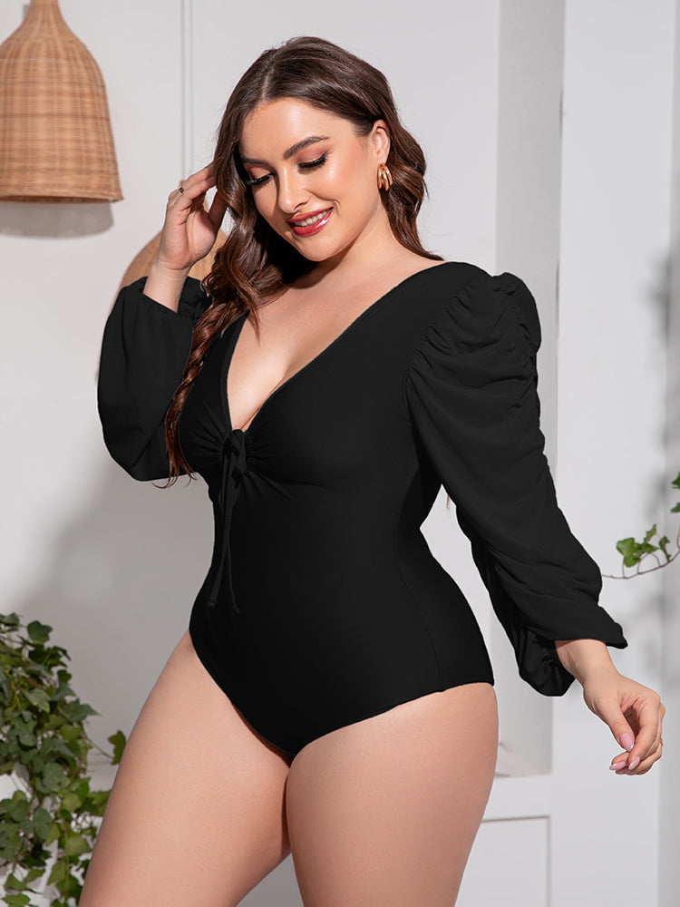 Flattering and Chic: Plus Size Tied Deep V Balloon Sleeve One-Piece Swimsuit | Burkesgarb