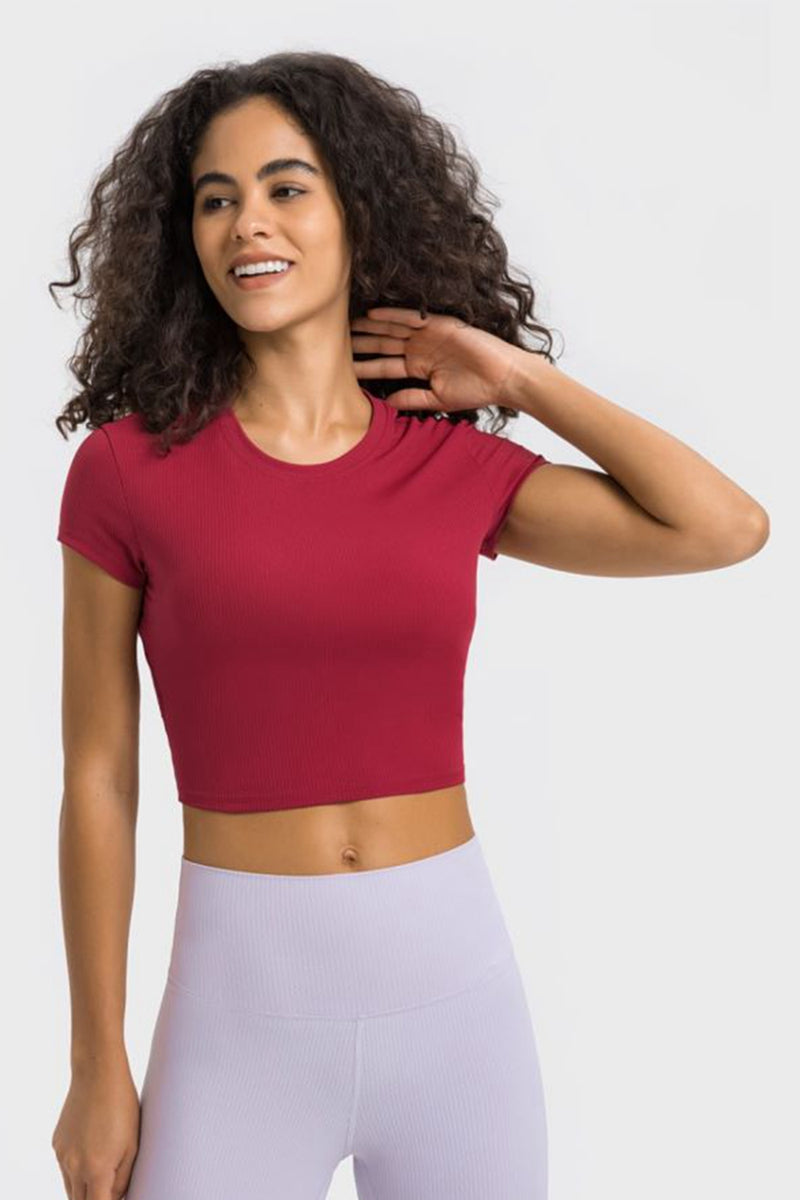 Stay Active in Style with the Round Neck Short Sleeve Cropped Sports T-Shirt at Burkesgarb