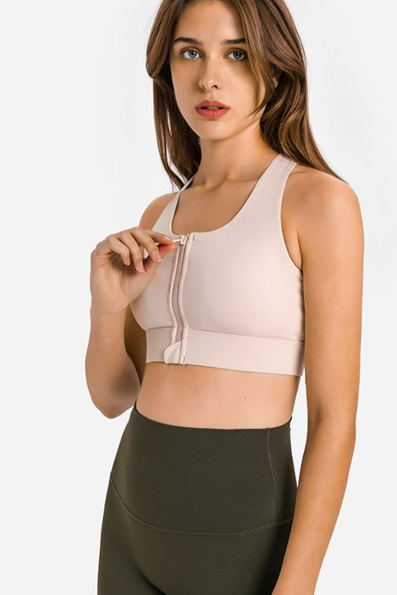 Experience Ultimate Support and Style with the Zip Up Racerback Sports Bra at Burkesgarb