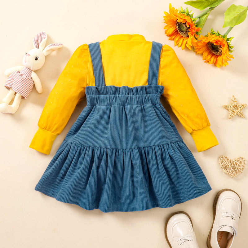 Puff Sleeve Round Neck Top and Buttoned Overall Dress Set