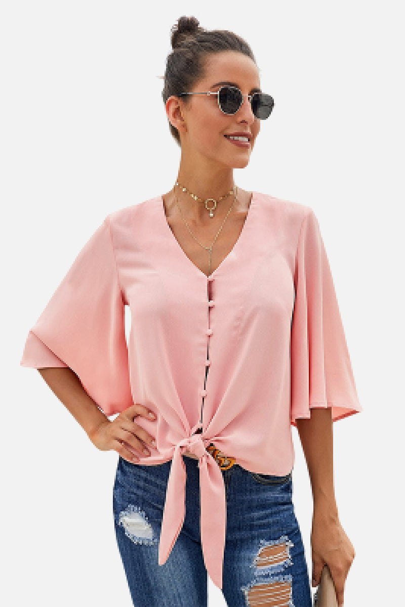 "Effortlessly Chic: Button Tie Tops by Burkesgarb | Stylish Women's Fashion"