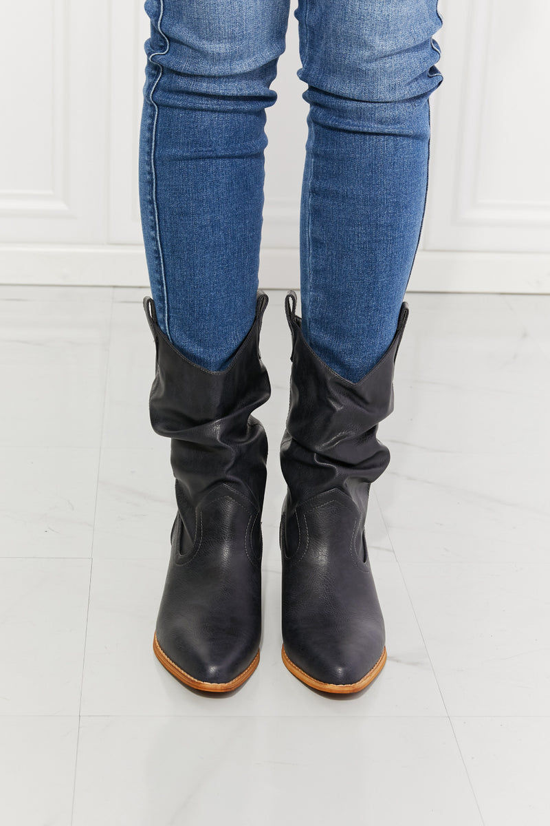 Embrace Western Chic: MMShoes Better in Texas Scrunch Cowboy Boots in Navy at Burkesgarb