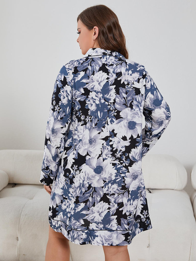 Elegant and Comfortable: Plus Size Floral Long Sleeve Night Dress at Burkesgarb