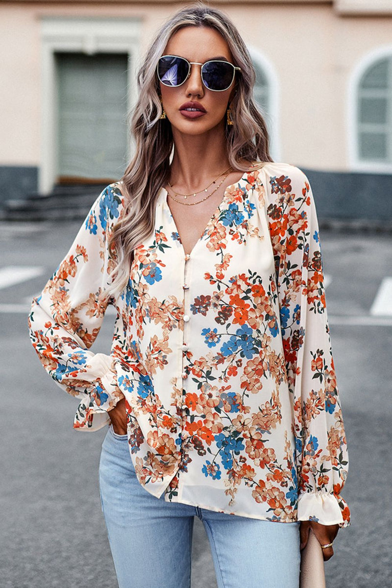 Floral Design Flounce Sleeve Blouse at Burkesgarb