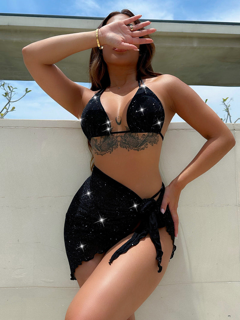 Sparkle and Shine with a Glitter Backless Three-Piece Swim Set