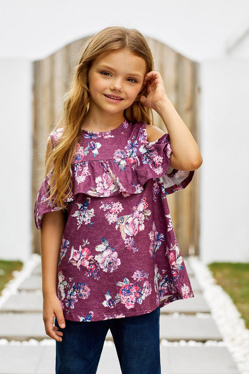 Girls Floral Cold-Shoulder Ruffled Top