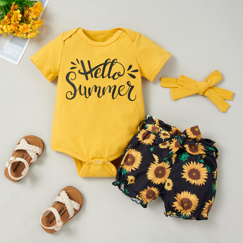 "Celebrate the Joy of Summer: HELLO SUMMER Bodysuit and Sunflower Pants Set by Burkesgarb"