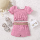 Adorable and Stylish: Kids Textured Bow Detail Top and Belted Shorts Set at Burkesgarb