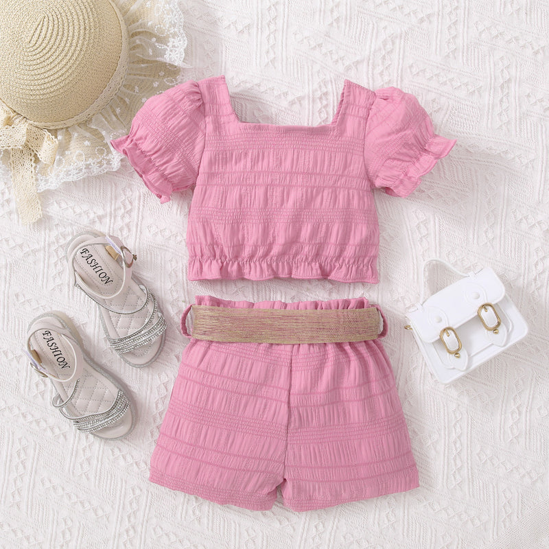 Adorable and Stylish: Kids Textured Bow Detail Top and Belted Shorts Set at Burkesgarb