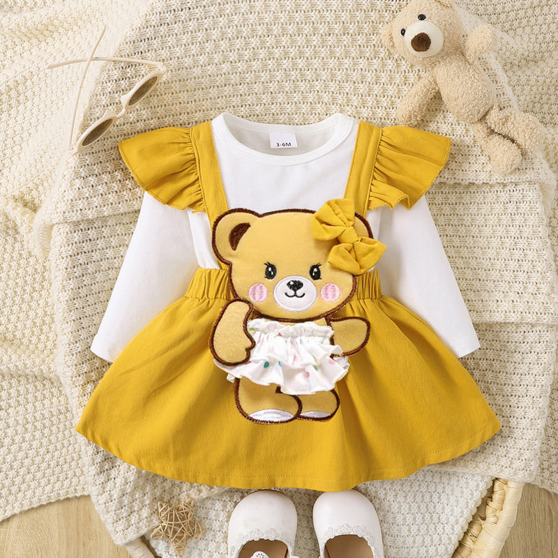 Adorable and Stylish: Bow Tie Skirt Bear Detail Round Neck Dress at Burkesgarb