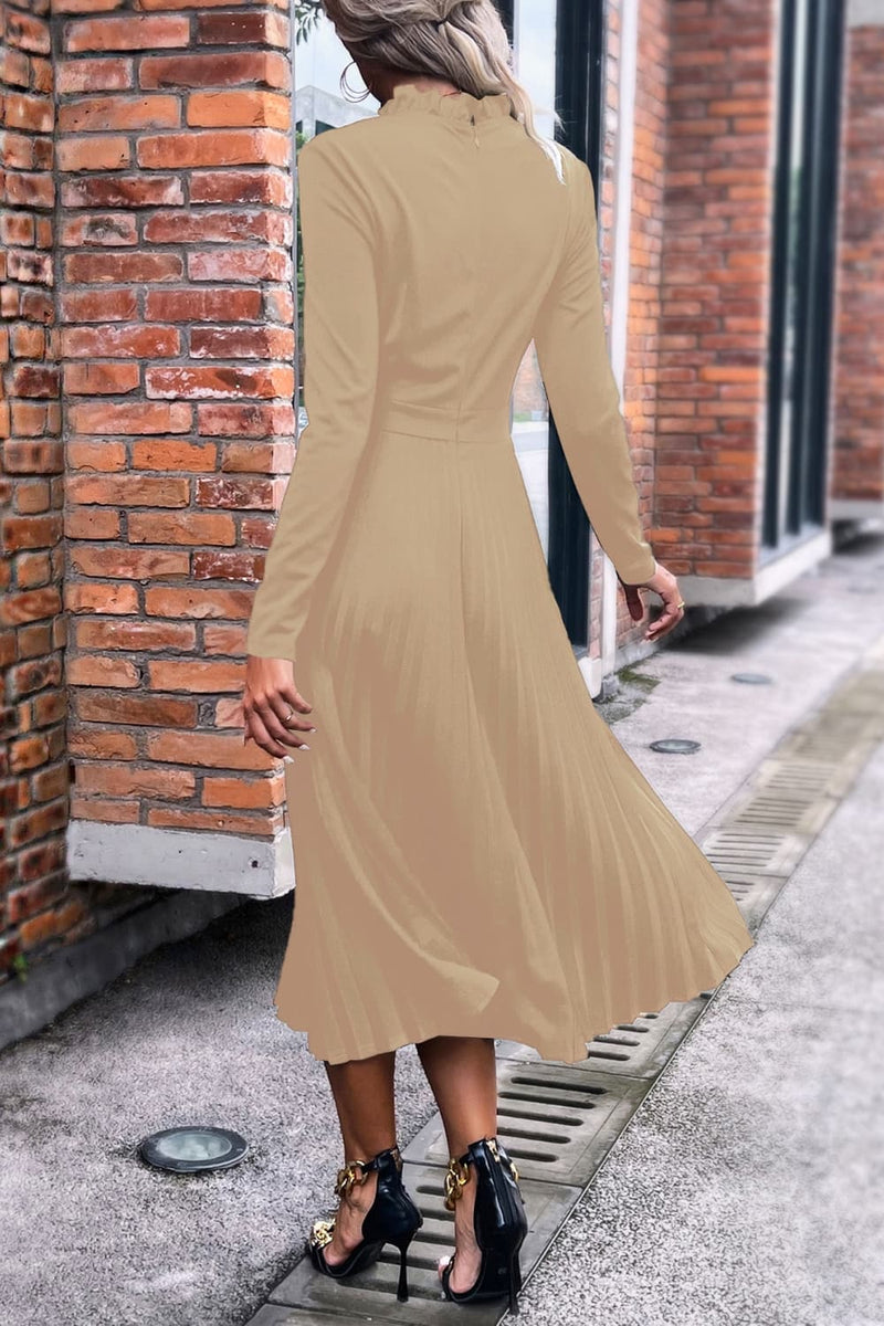 Embrace Elegance with the Ruffle Collar Pleated Long Sleeve Dress at Burkesgarb