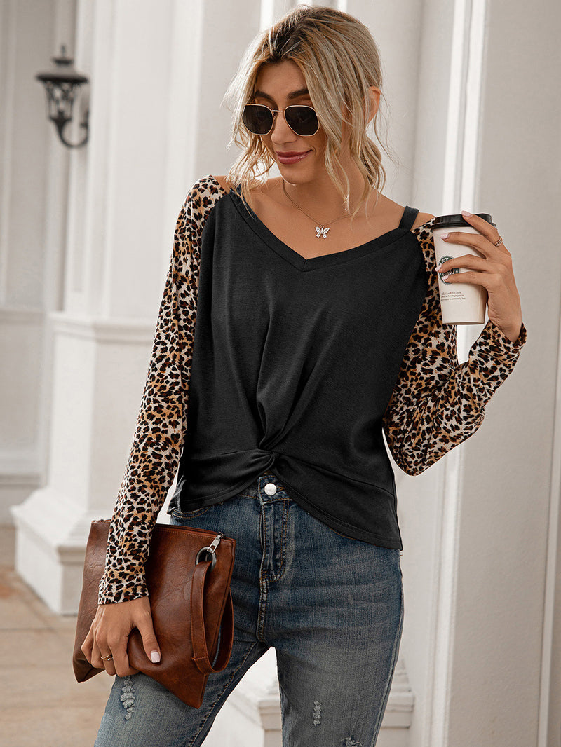 Embrace Your Wild Side with the Leopard Twist Front Cold-Shoulder Tee at Burkesgarb