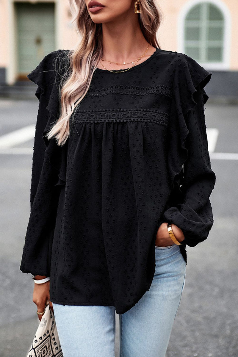 Chic and Playful: Ruffle Trim Balloon Sleeve Blouse at Burkesgarb