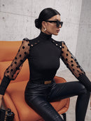 Elegant and Chic: Buttoned Lantern Sleeve Turtle Neck Blouse at Burkesgarb