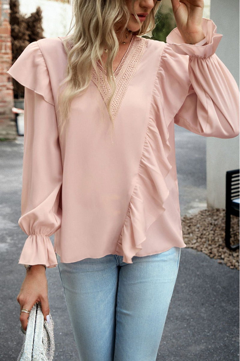 Elegant and Flirty: V-Neck Flounce Sleeve Ruffle Trim Blouse at Burkesgarb