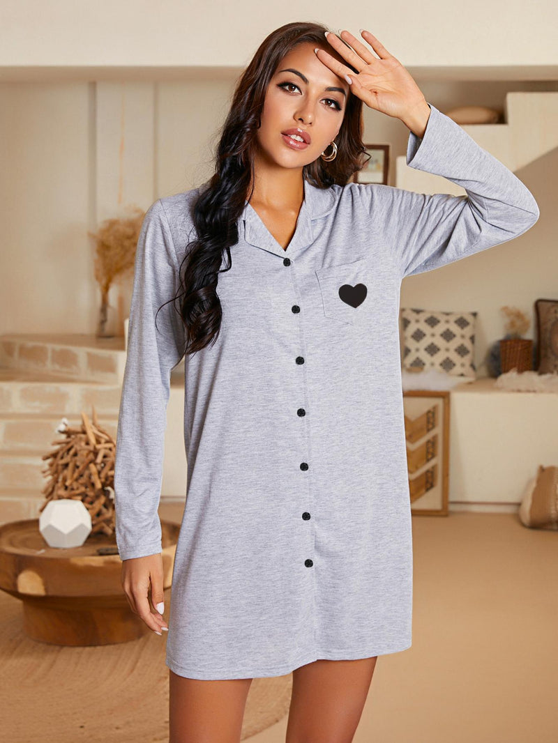 Sweet Dreams: Heart Graphic Long Sleeve Night Dress at Burkesgarb