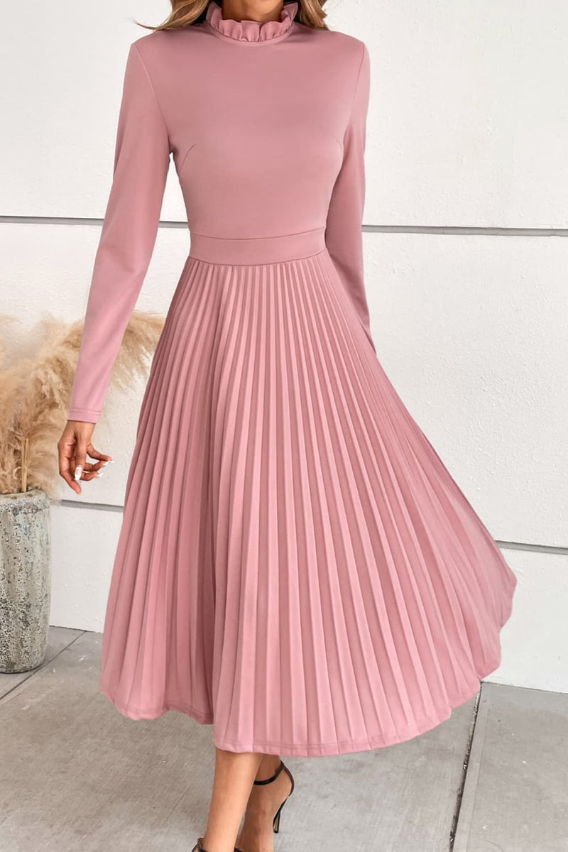 Embrace Elegance with the Ruffle Collar Pleated Long Sleeve Dress at Burkesgarb