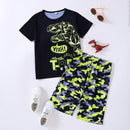 "Boys Dinosaur Graphic Tee and Camouflage Shorts Set | Trendy and Fun Outfit"