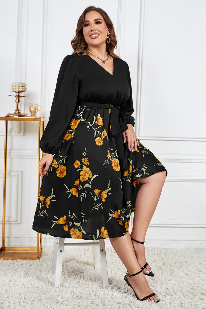 Elegance in Bloom: Plus Size Floral Print Midi Dress with Tie Belt
