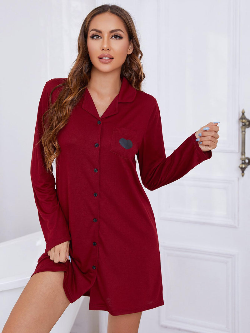 Sweet Dreams: Heart Graphic Long Sleeve Night Dress at Burkesgarb