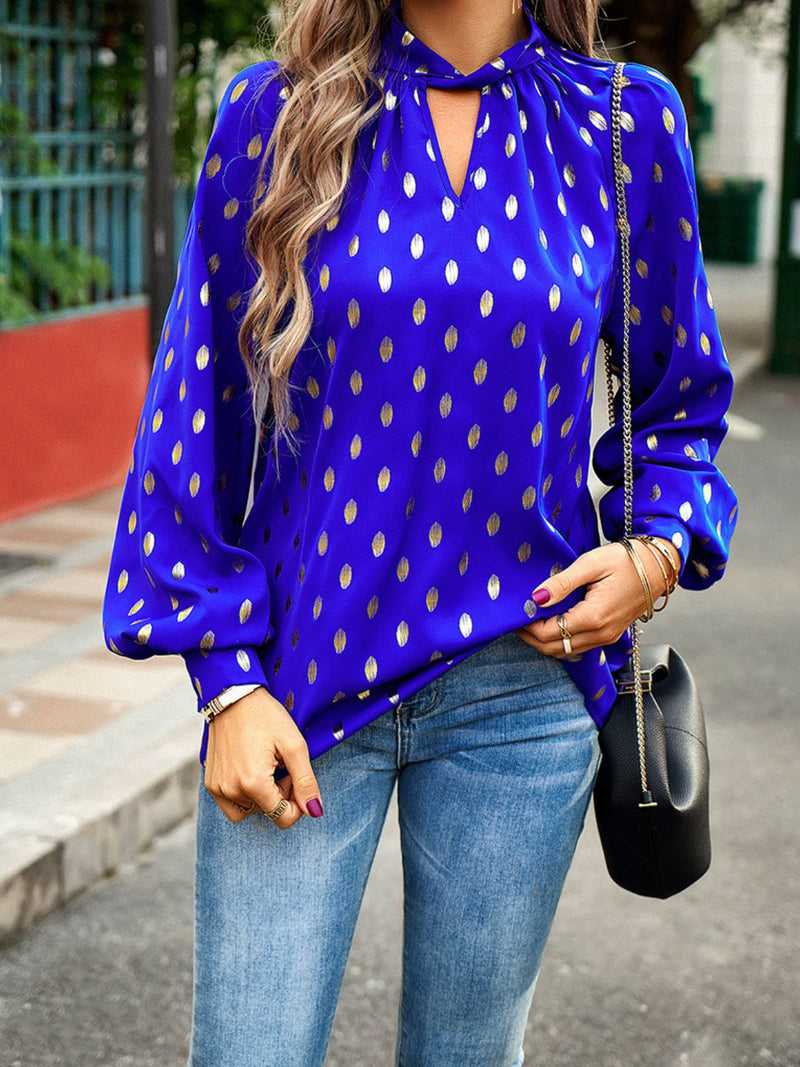 Elegant and Trendy: Mock Neck Cutout Lantern Sleeve Blouse at Burkegarb