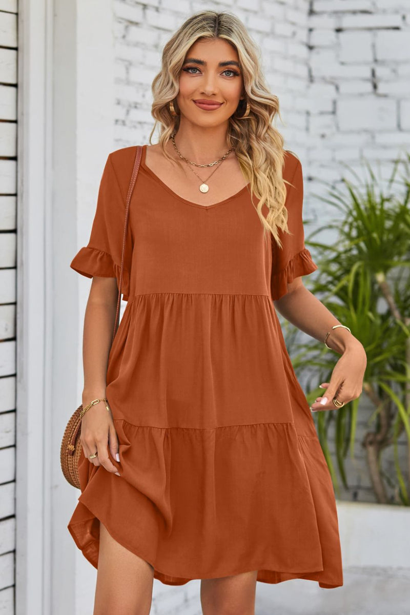 Flirty and Feminine: V-Neck Flounce Sleeve Tiered Dress at Burkesgarb