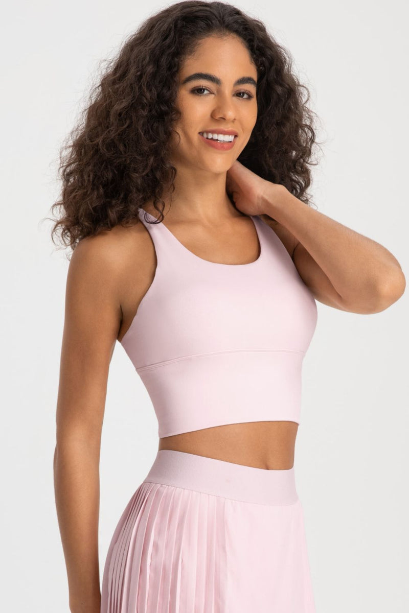 Stylish Support: Crisscross Back Ladder Detail Sports Bra at Burkesgarb